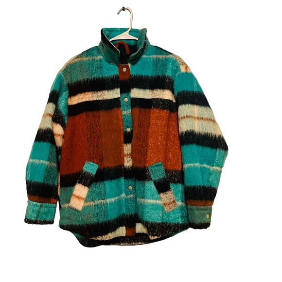 BDG Women's Brushed Fuzzy Wool Blend Oversized Teal Plaid Jacket Size Small - Picture 3 of 14
